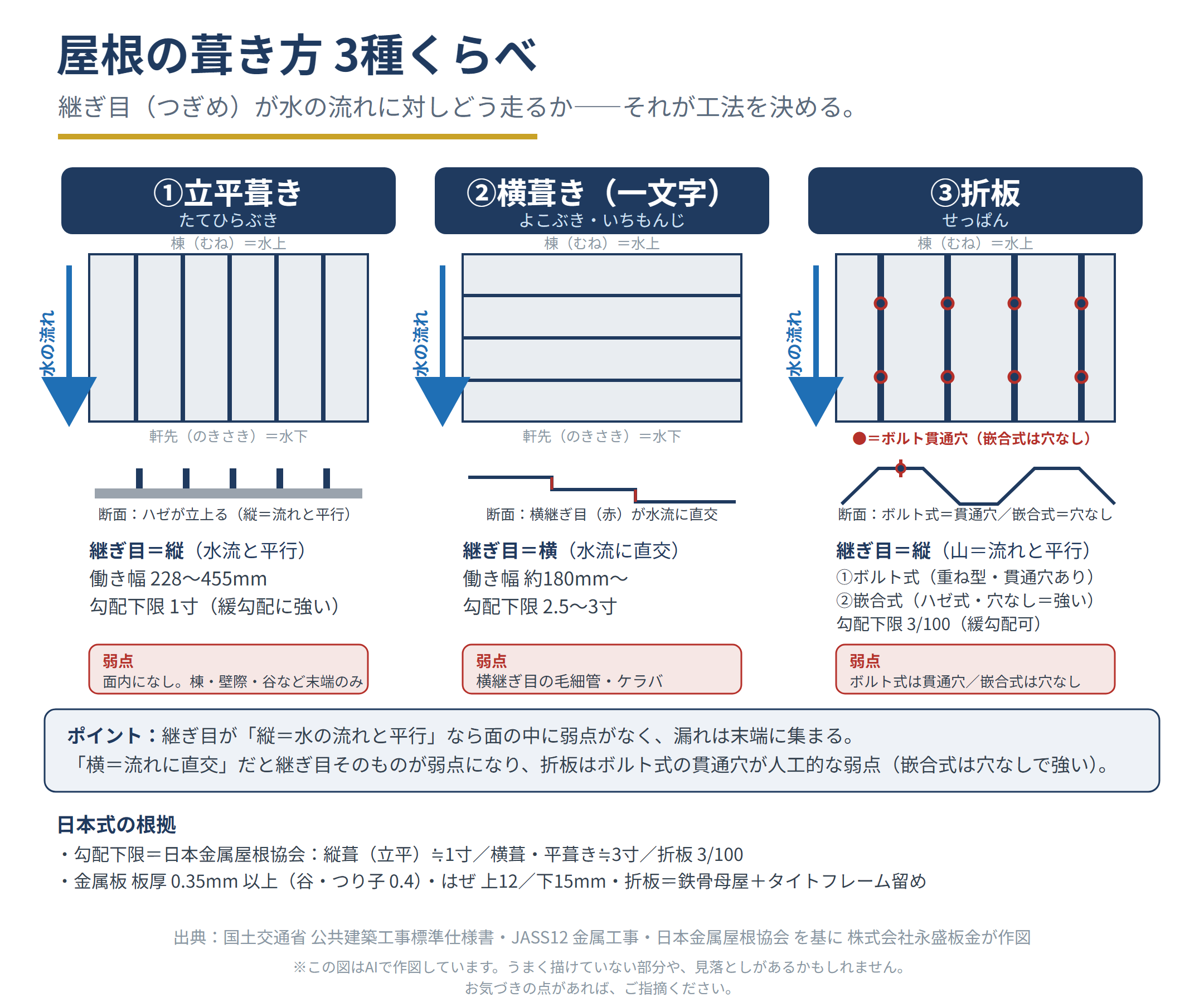 粘土瓦・波板トタン・スレートの断面比較図解