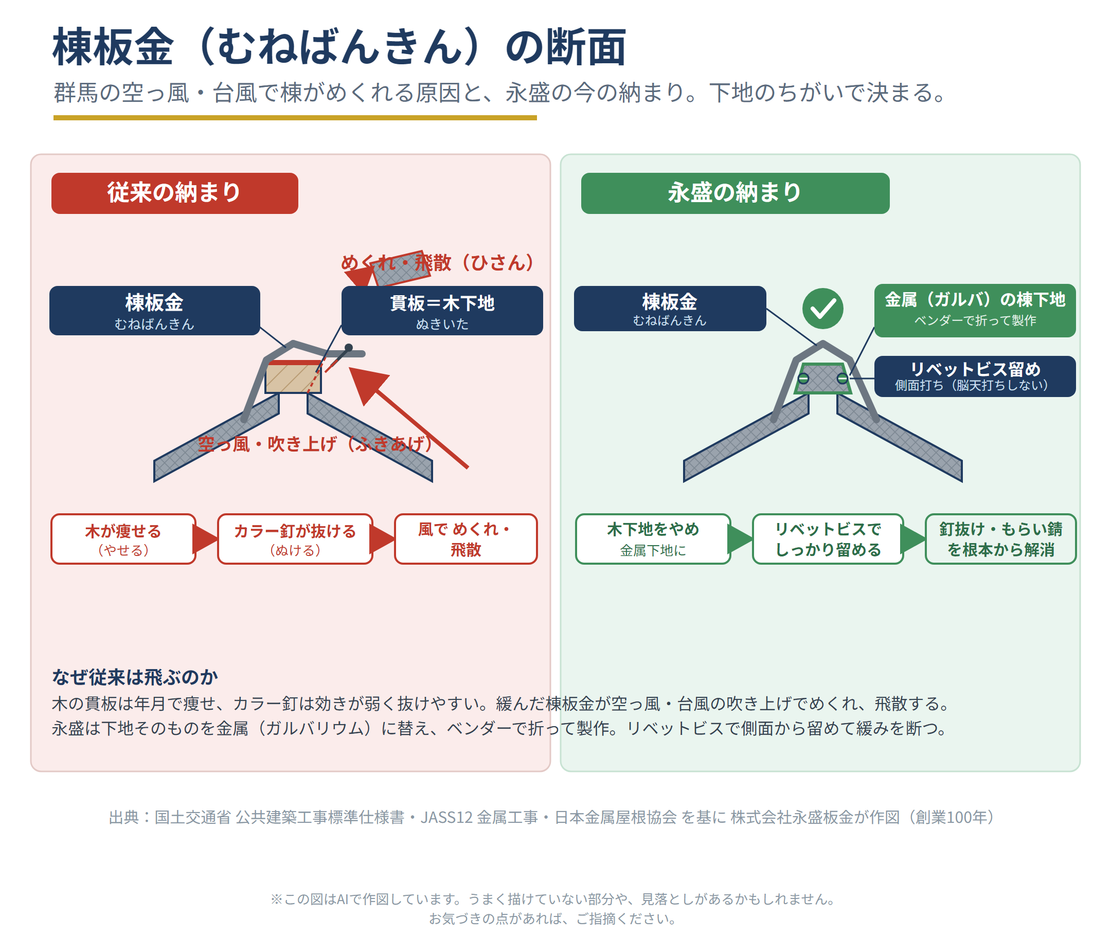 棟板金の浮きと雨水浸入経路の断面図